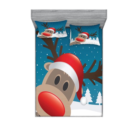 Ambesonne Christmas Fitted Sheet & Pillow Sham Set, Noel Fun Cartoon, Queen, Red Brown Navy