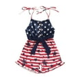 thumbnail image 2 of Elippeo 4th of July Kids Girls Romper Overalls Stripe Stars Print Sleeveless Tie-Up Spaghetti Straps Shortall Summer Jumpsuit with Belt, 2 of 10