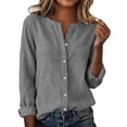 thumbnail image 3 of YanHoo Women's Cotton Linen Button Down Shirt V Neck Roll Up Long Sleeve Collared Blouse Loose Fit Casual Work Tops Gray,XL, 3 of 8