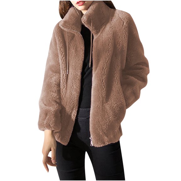 IROINNID Shearling Jacket for Women Plush Thick Winter Standing Collar Warm Jacket Zipper Casual Comfy Coat with Pocket,Khaki