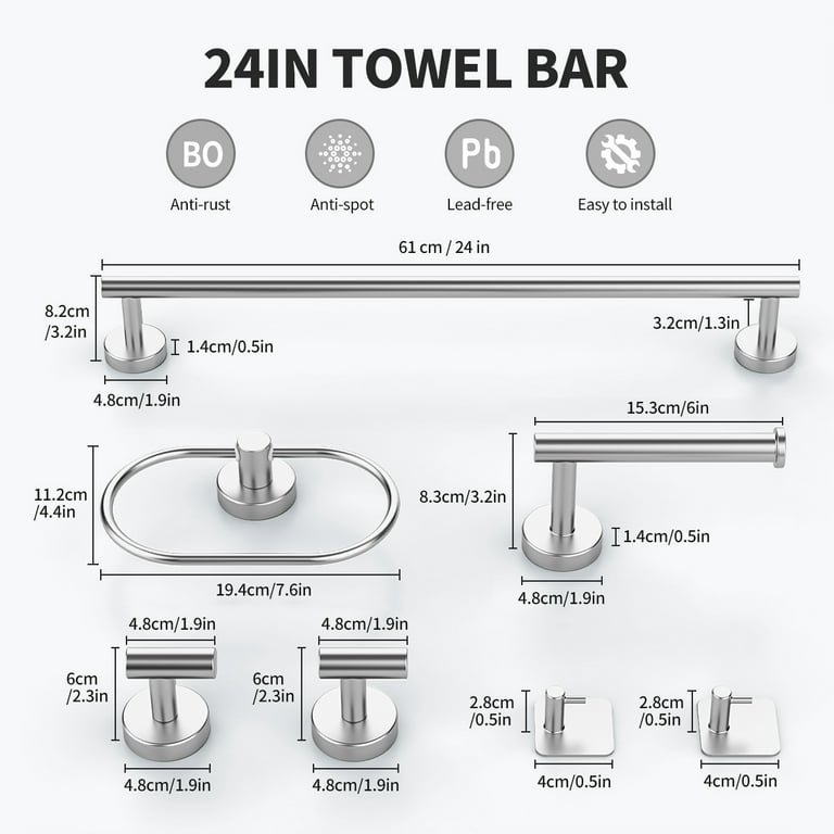 Bathroom Hardware Set, 7 Pieces Bathroom Accessories Set Includes 24 Towel  Bar, Toilet Paper Holder, Towel Ring, Robe Hook, Brushed Nickel & Stainless  Steel, Wall Mounted Bathroom Towel Rack Set 