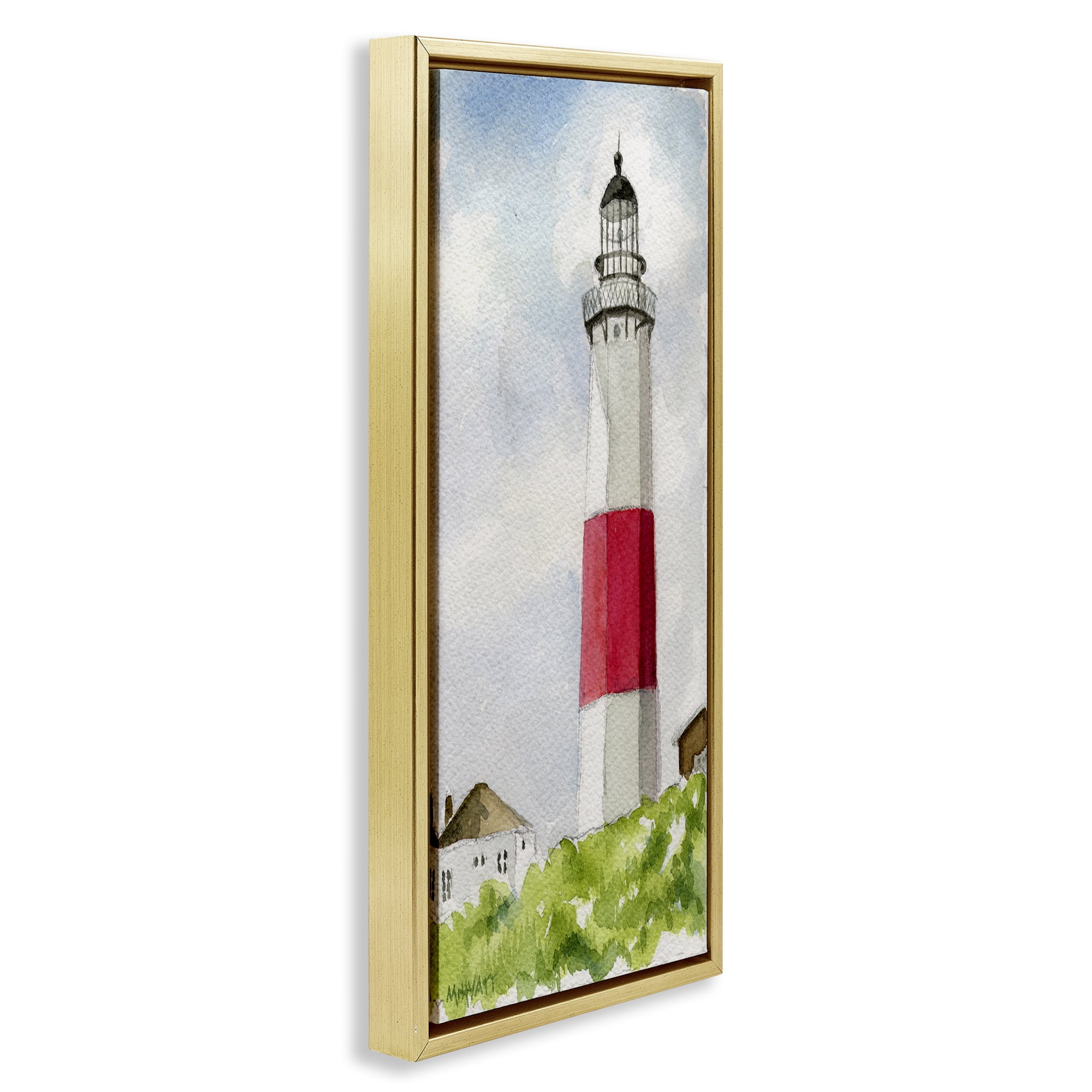 Stupell Industries Montauk Lighthouse View Nautical & Beach Painting Gold Floater Framed Canvas Art Print Wall Art, 14 x 31