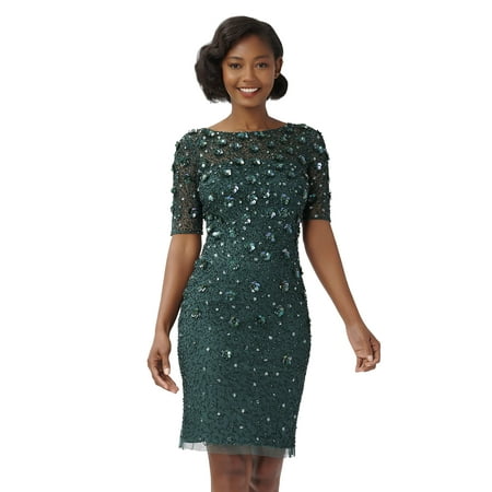 Adrianna Papell Women's Beaded Cocktail Dress, Dusty Emerald, 14