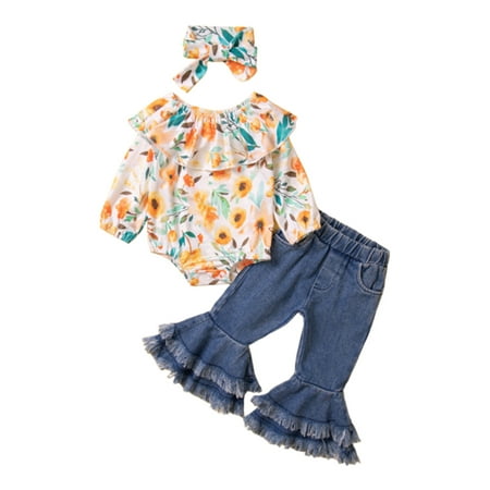 

uukiA 3-18 Months Baby Girl Toddler Floral Printed Long Sleeved Ruffled Romper Denim Jeans Flare Pants And Headband 3PCs Outfits Set