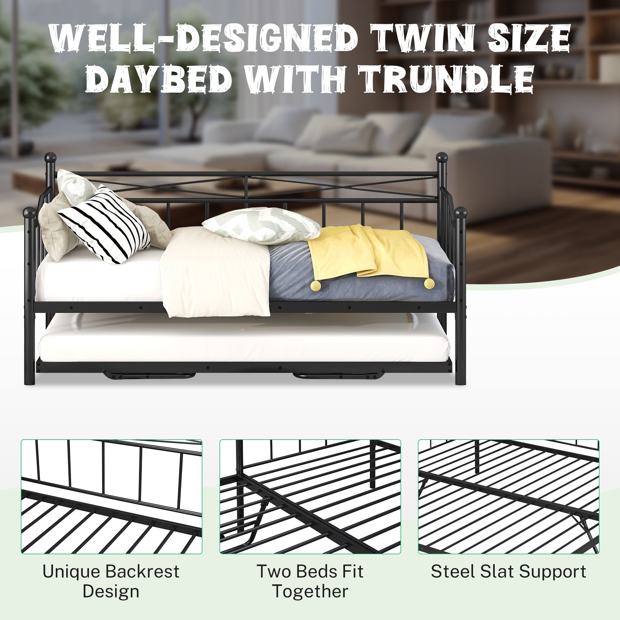 PAPROOS Daybed with Trundle Included, Twin Size Metal Daybed Frame with Pull out Trundle Bed, No Box Spring Needed, Black