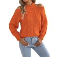 thumbnail image 3 of Women Cable Openwork Hollow Cut Out Cold Shoulder Crew Neck Long Sleeve Loose Pullover Sweater Orange XL, 3 of 9
