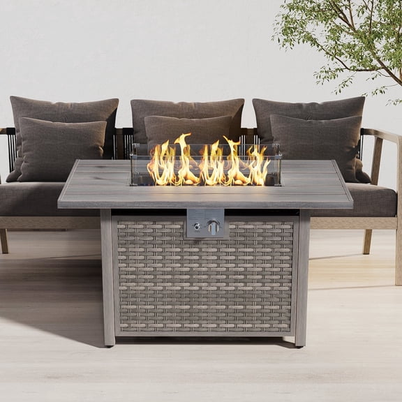 Evita 43'' 50,000 BTU Retangular Outdoor Gas Propan Fire Pit Table in Brown Wicker with Removable Lid and Waterproof Cover