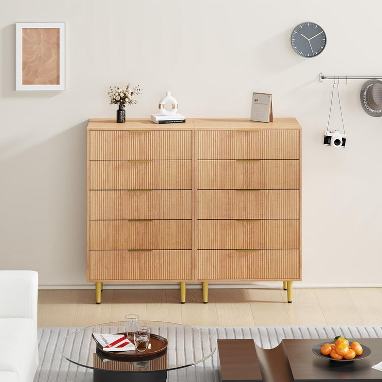 light wood and gold dresser 5-Drawer Modern Dresser with Fluted Panels – Light Wood Grain Cabinet with  Gold Metal Legs, 48