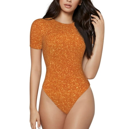 Zeuib Orange Glitter Women s Scoop Neck Short-Sleeve Bodysuit | Sexy One-Piece Onesie-XX-Large