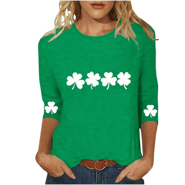 vdgthytj T-Shirts pour Femmes de la Saint-Patrick à Manches 3/4, Grande Taille, Col Ras du Cou, Trèfle, T-Shirt Graphique pour les Fêtes