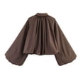 thumbnail image 4 of Sewkxo Womens Cropped Puff Sleeve Bomber Jacket Lapel Collar Pleated Full Zip Coat Spring Loose Fit Trendy Outerwear,Brown S, 4 of 8