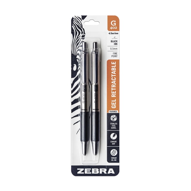Bolígrafo de gel Zebra Pen G-402, 0,5 mm, tinta negra de punta fina, paquete de 2
