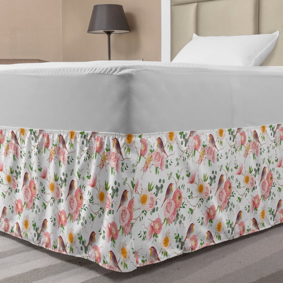 Bird Bed Skirt, Print of Rose Floral Romantic Feminine Spring Pastel Tone Forest Elements, Elastic Bedskirt Dust Ruffle Wrap Around for Bedding Decor, 4 Sizes, White and Multicolor, by Ambesonne