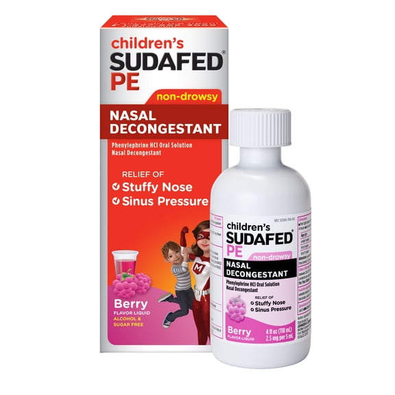 Children's Sudafed PE Liquid, Sugar-Free Cold Medicine, Phenylephrine HCl, Berry-Flavored, 4 fl oz