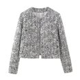 thumbnail image 1 of Chaqueta corta con adornos de lentejuelas plateadas para mujer, cárdigan informal de manga larga con cuello redondo y bolsillos, abrigos elegantes para otoño, 1 of 5