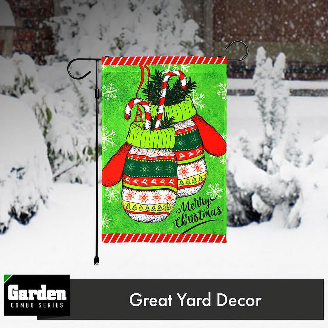 G128 2sets: 36"x16" Garden Yard Flag Stand Stake Black & 12"x18" Christmas Garden Flag Mittens Outside