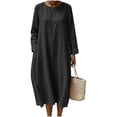 thumbnail image 2 of Ygbgbb Women Linen‑Blend Crew Neck Midi Dress, Three‑Quarter Sleeve Relaxed Oversized A‑Line Dress with Side Pockets for Beach Travel Black S, 2 of 8