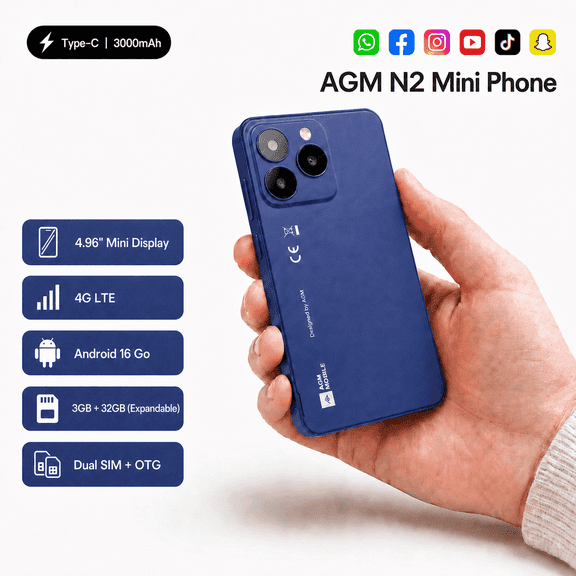 AGM N2 | Small Smartphone | 4.96" Compact Screen | 190g Lightweight | Android 16 Go | Kid/Student/Friendly 4G Phone | Google Family Link | 3GB 32GB Expandable | Blue | Compatible with T-Mobile Only