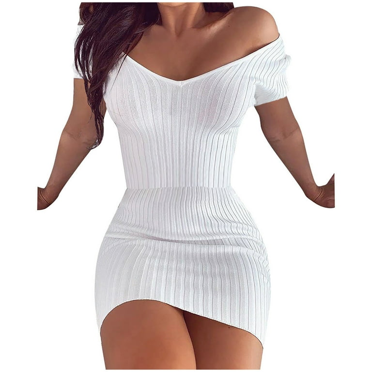 Entyinea Summer Dresses For Women Fashion Off Shoulder Stretchy Tight Ribbed Mini Dress White L Walmart