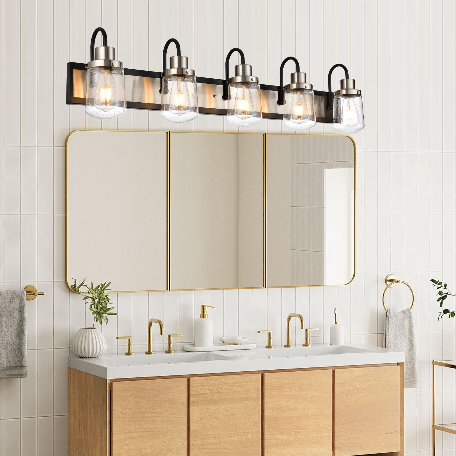 Melucee Black and Brush Nickel Vanity Light, 5-Light Fixture Seeded Hourglass Glass Shade E26 Bubble, Over Mirror Light for Bathroom