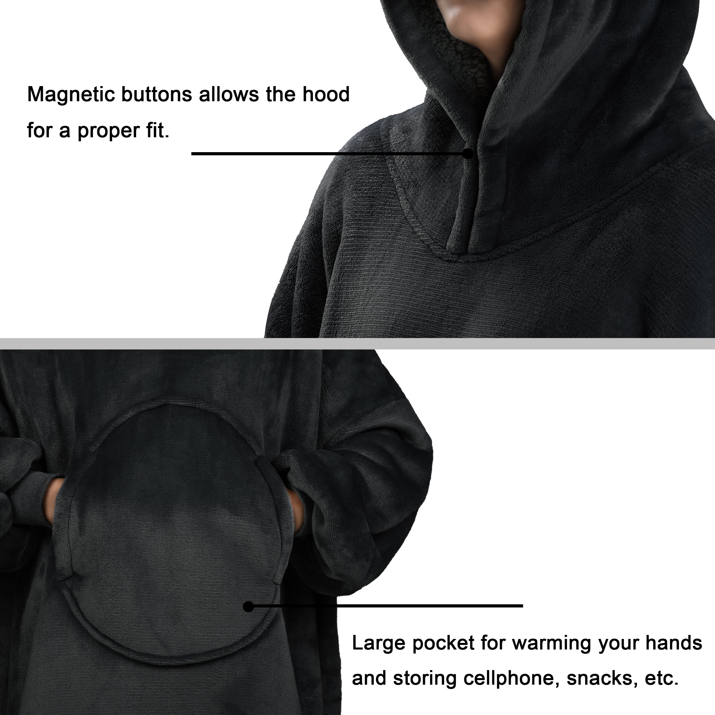 Flyingstar Cat Oversized Sherpa Hoodie Sweatshirt for Women, Pockets, Hooded, Black Cat