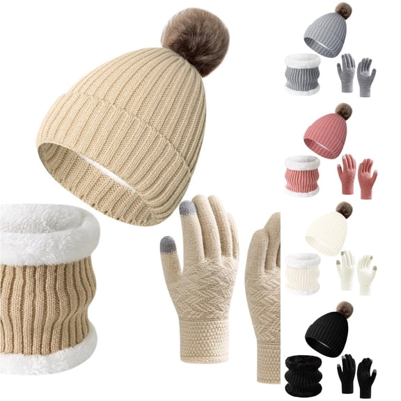 HNMKIU Unisex Knitted -Lined Winter Accessory Set with Scarf and for Cold Weather Beige - One Size