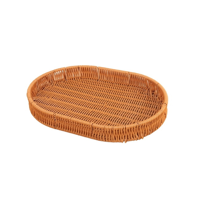 COM1950s Woven Storage Basket, Plastic Rattan Basket for Organizing, Multipurpose Tray for Bread, Fruit, Vegetables, Snacks, Home Kitchen Counter Decor, Easy to Clean, 15.75x12x1.57in