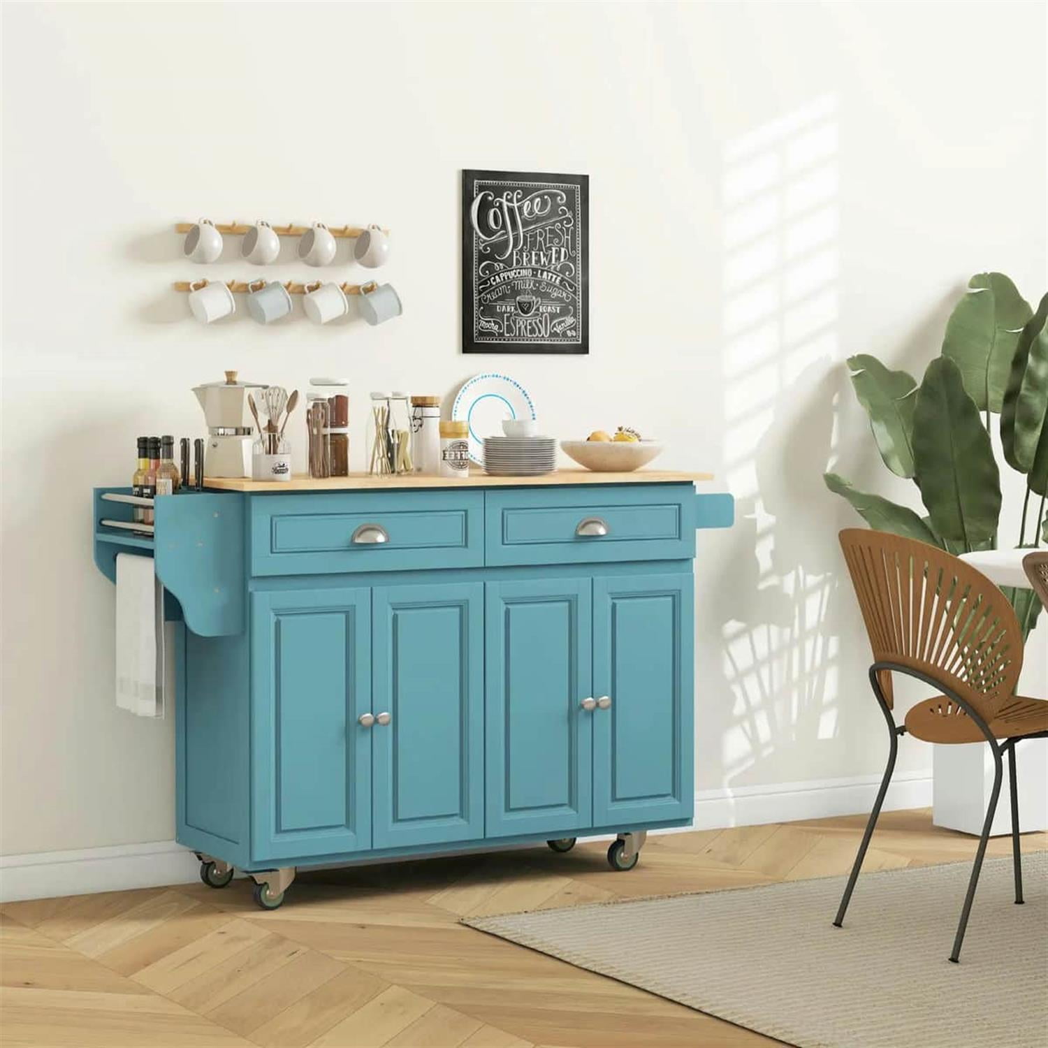 Demi Bonn 57" Rolling Kitchen Island with Drop Leaf, Mobile Cart in Rubber Wood, 2 Drawers & 2 Cabinets, Island Table for Kitchen & Dining, Blue
