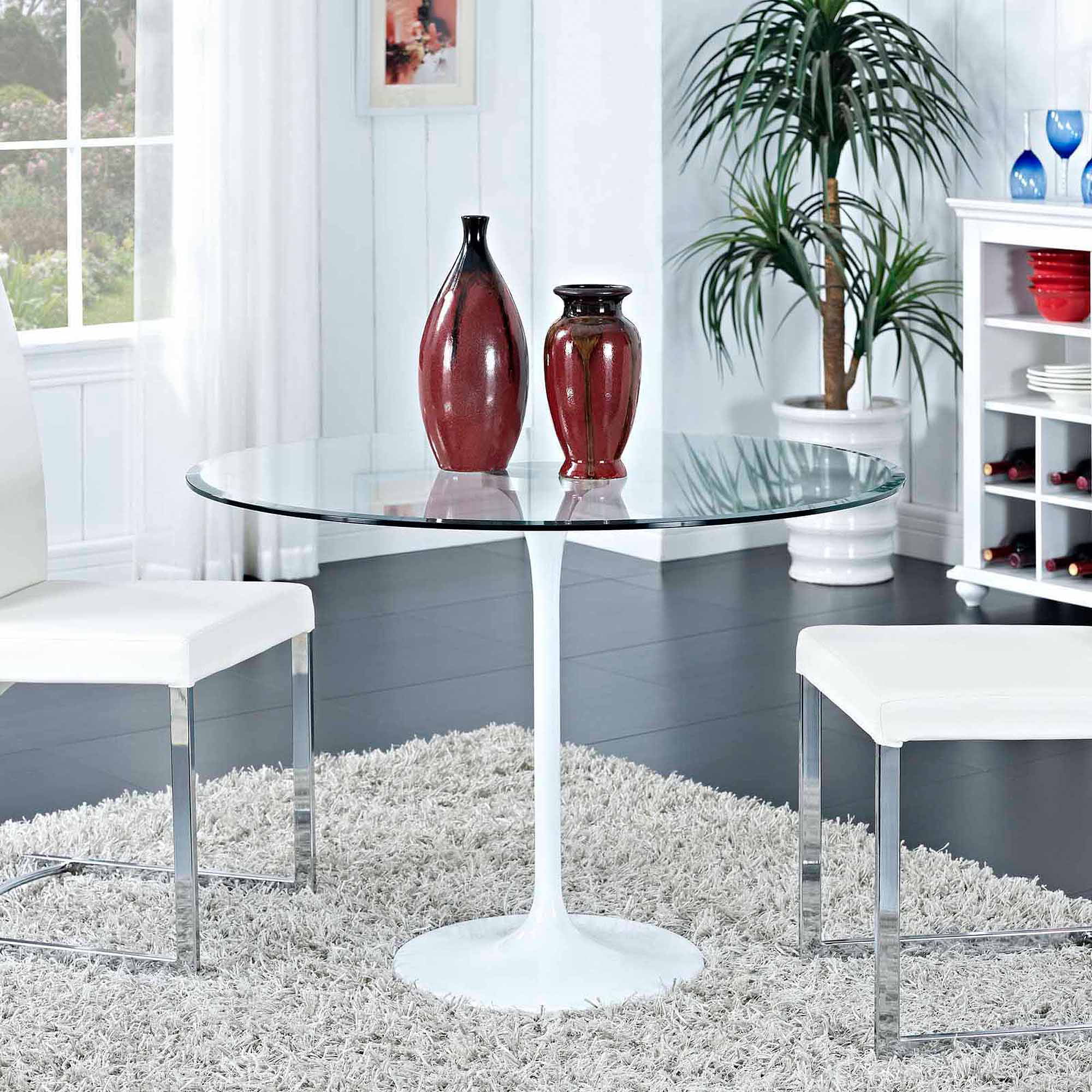 Modway Circuit Round Glass Top and Metal Base Dining Table in Clear