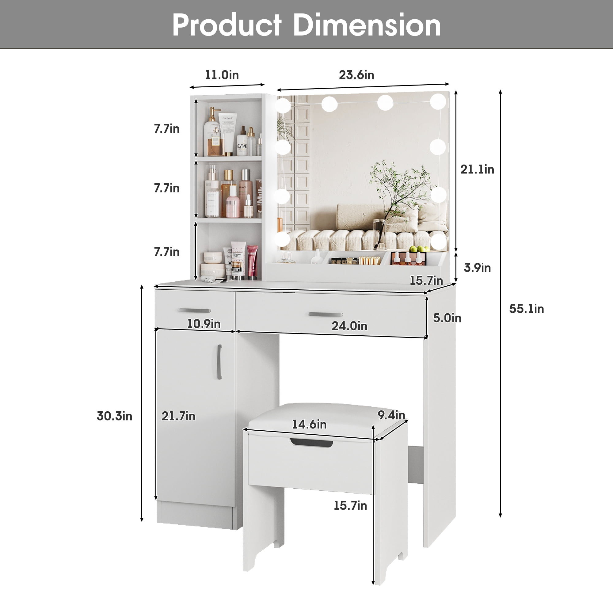 VEANERWOOD Vanity Desk Set with 3 Color Lighted Mirror, Makeup Table with Comfortable Cushioned Stool, Dressing Table Set with 3 Storage Compartments & Large Drawers, White