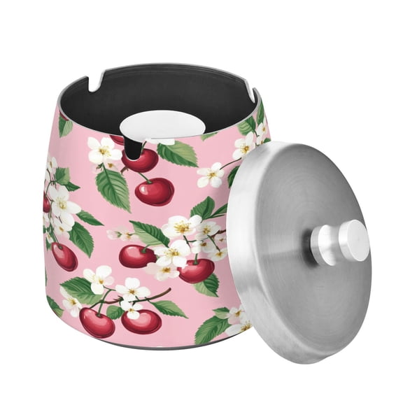 Ashtray with Lid for Cigarette, Stainless Steel Smokeless Odorless Windproof Ashtrays, for Home Office Tabletop Outside Patio Outdoor Balcony Many Cherry