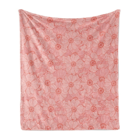 Floral Soft Flannel Fleece Blanket, Rhythmic Vintage Style Thick Arranged Flowers in Blush Tones Illustration, Cozy Plush for Indoor and Outdoor Use, 50" x 60", Pale Pink and Coral, by Ambesonne