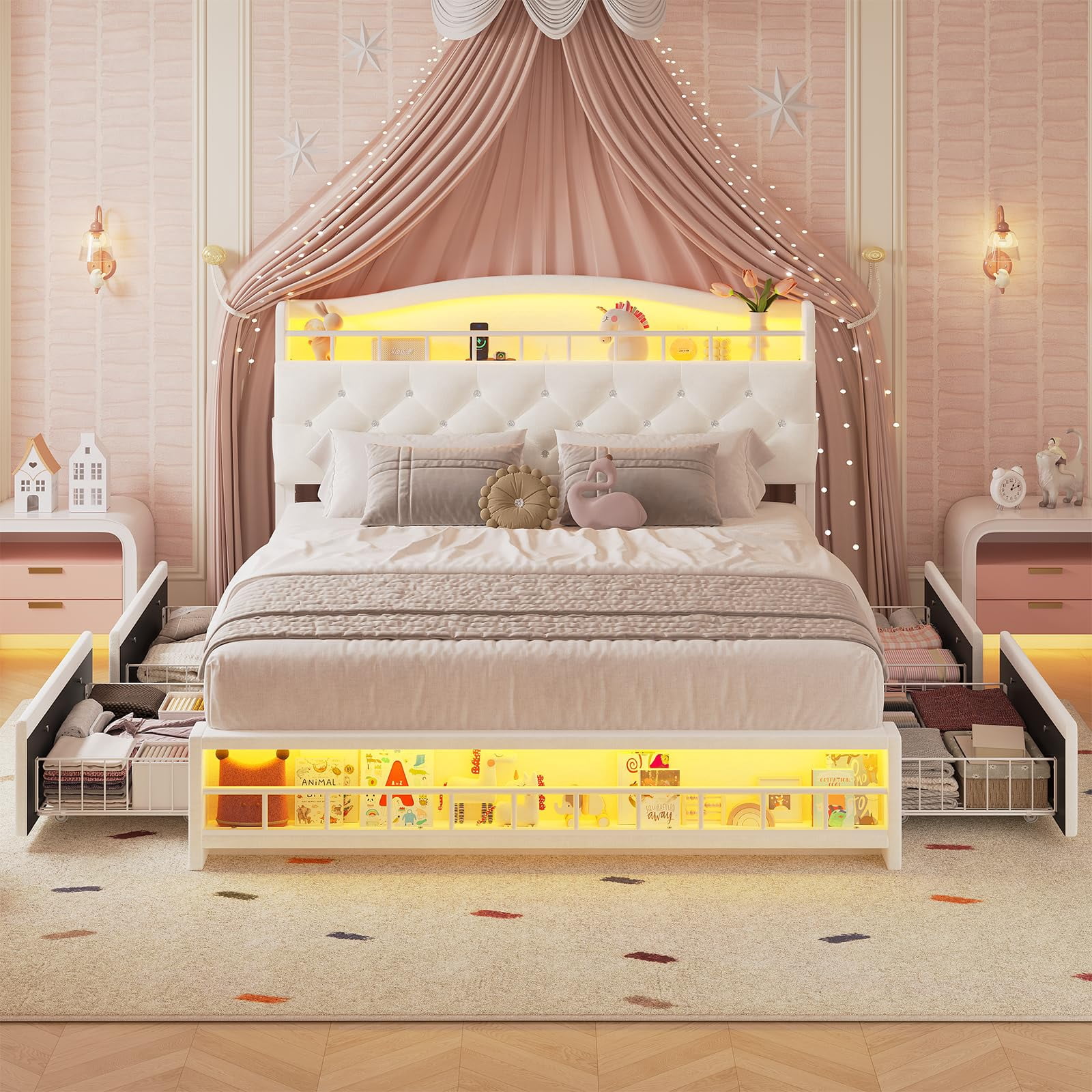 Afuhokles Full Size Bed Frame with LED Lights and 4 Drawers, Velvet Upholstered Platform Bed, Headboard with Charging Station and Crystal Button, White