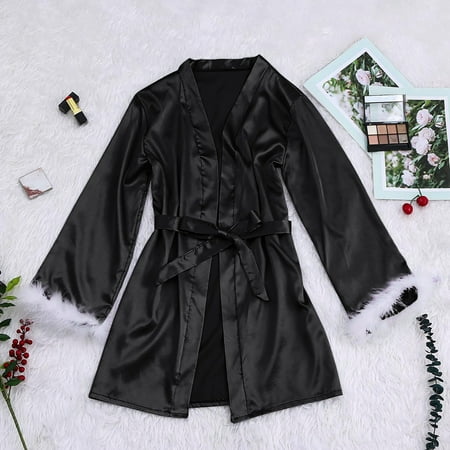 

TMOYZQ Women s Plus Size Silk Satin Night Robes Wedding Bridal Party Feather Sleeve Kimono Bathrobe Sexy V Neck Comfy Sleepwear with Belt Gifts on Clearance S-4XL