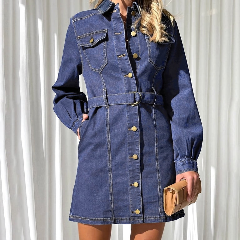 OSOLU Dresses Solid Color Women Fashion Casual Buttoned Cardigan With Belt  Long Sleeve Denim Dress Cozy Sundress Wedding Guest Dress - Walmart.com