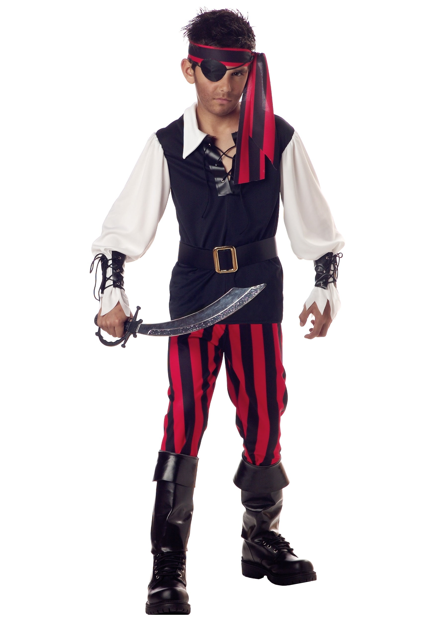 Cut Throat Pirate Men Costume Head Tie Boot Tops Belt Wrist Cuffs Shirt Pants