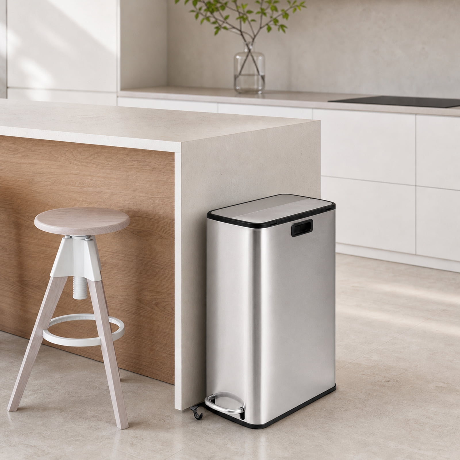 RUIE 12 Gal Stainless Steel Trash Can with Soft-Closing Wing Lids, Step Pedal Kitchen Trash Can with Removable Inner Bucket for Kitchen Living Room Office, Silver