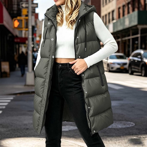 IUYRTFE Women's Long Hooded Puffer Vest with High Collar and Zipper Front Quilted Winter Coat with Pockets