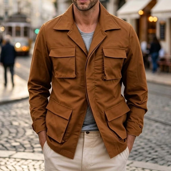 Utility Jacket Men Lapel Collar Button Multi Pockets Single Breasted Vintage Cargo Coat Spring Fall Casual Outdoor Outerwear