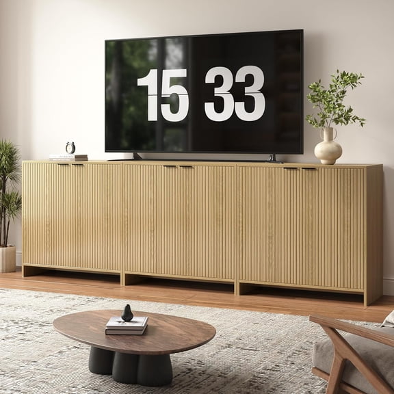 BVIUNTWO 95" TV Stand for TVs up to 100",Modern Fluted TV Console with Storage Cabinet,Entertainment Center with 6 Doors & Adjustable Shelves for Living Room, Oak