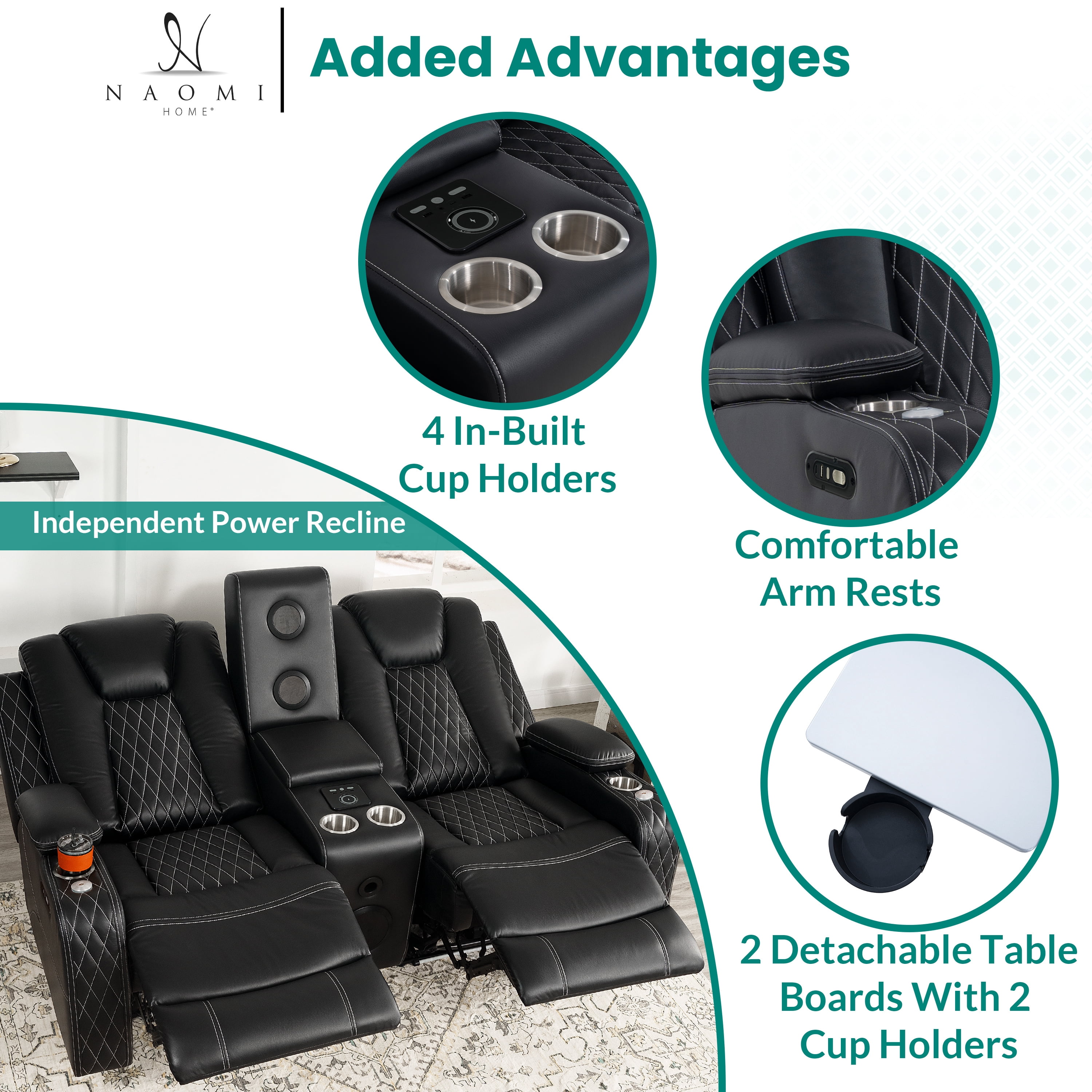 Naomi Home Chicago Corner Loveseat Sofa Black Air Leather, Reclining Sofa with Console, Cup Holders, USB Ports, Pillow Top Armrests & Split Back Design, Modern Air Leather Living Room Couch