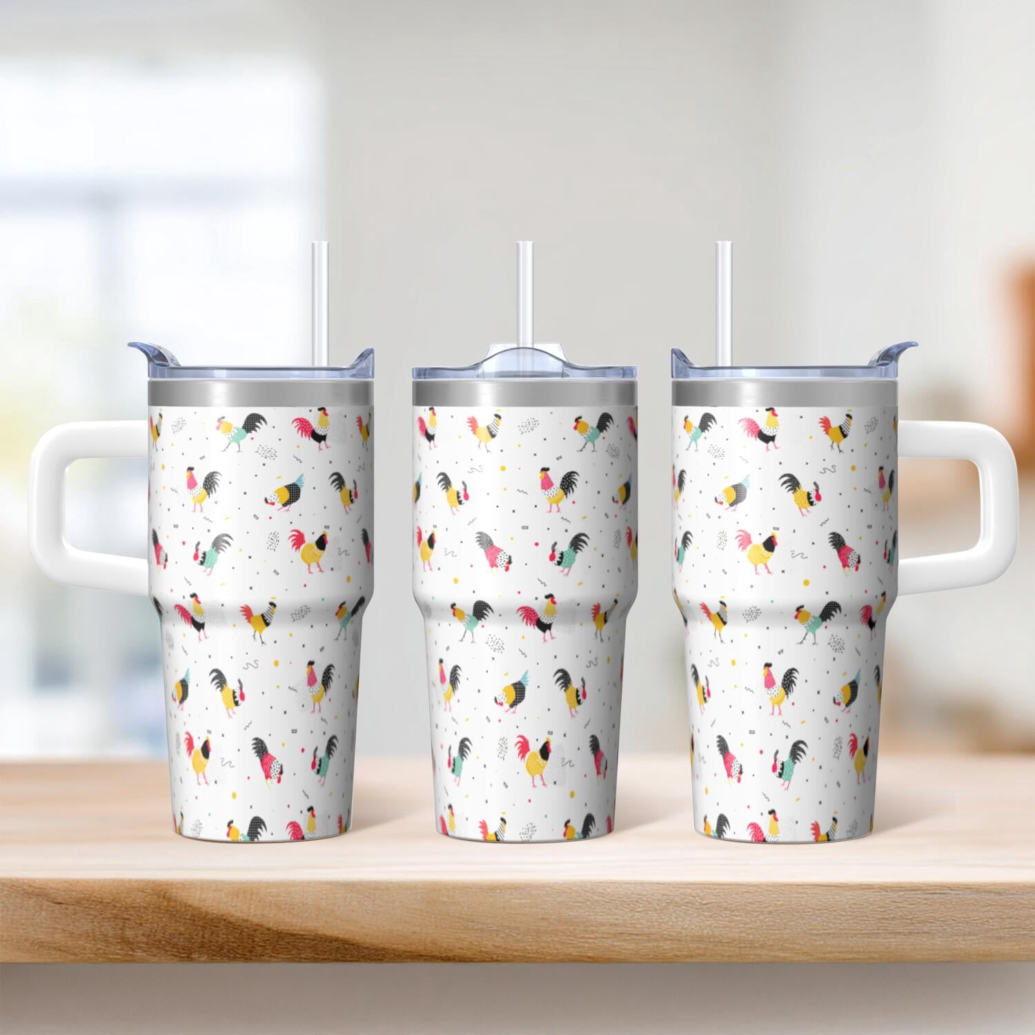 20oz Chicken Pattern Tumbler with Handle Charming Birthday Christmas Gift for Chicken Lovers Women Men Insulated Travel Mug Fits Car Cup Holders Comfortable Grip Easy to Carry Errands Trips