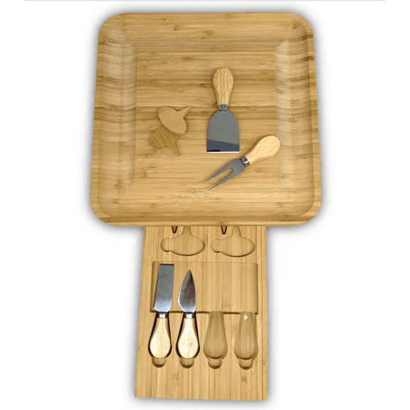 Natural Bamboo Cheese Cutting Tray with Drawer and Utensils