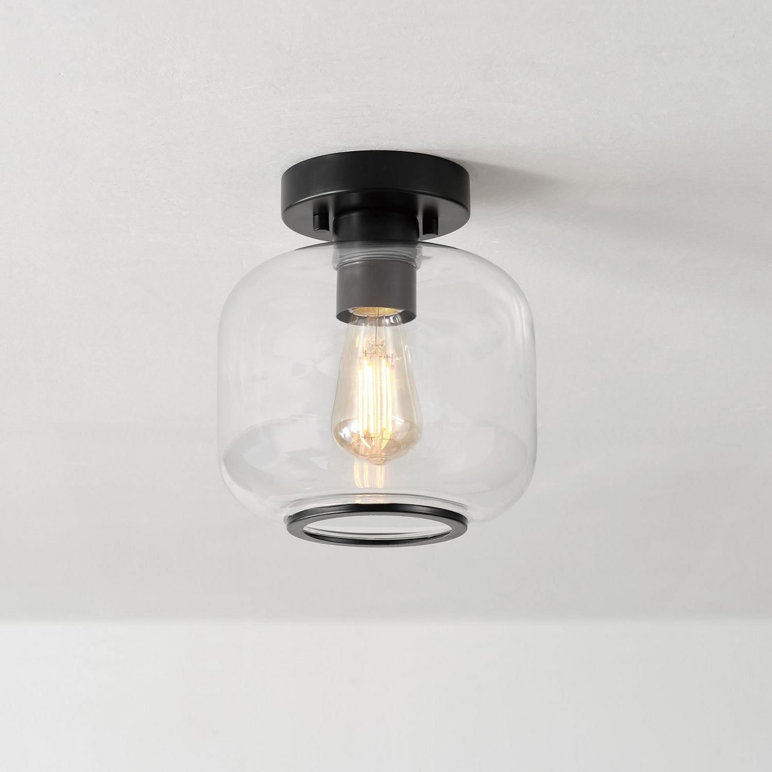 1-Light Matte Black Flush Mount Ceiling Light with Clear Glass Shade