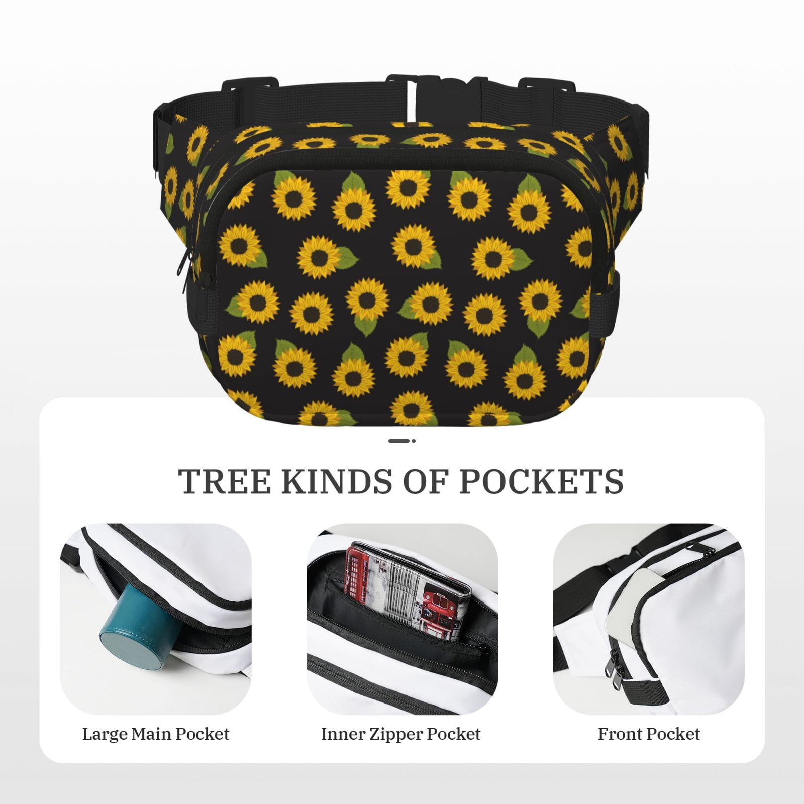 Picia Sunflowers Print Square Double-Layer Waist Bag Mini Adjustable Waist Belt Bag Exercise Running Travel Hiking