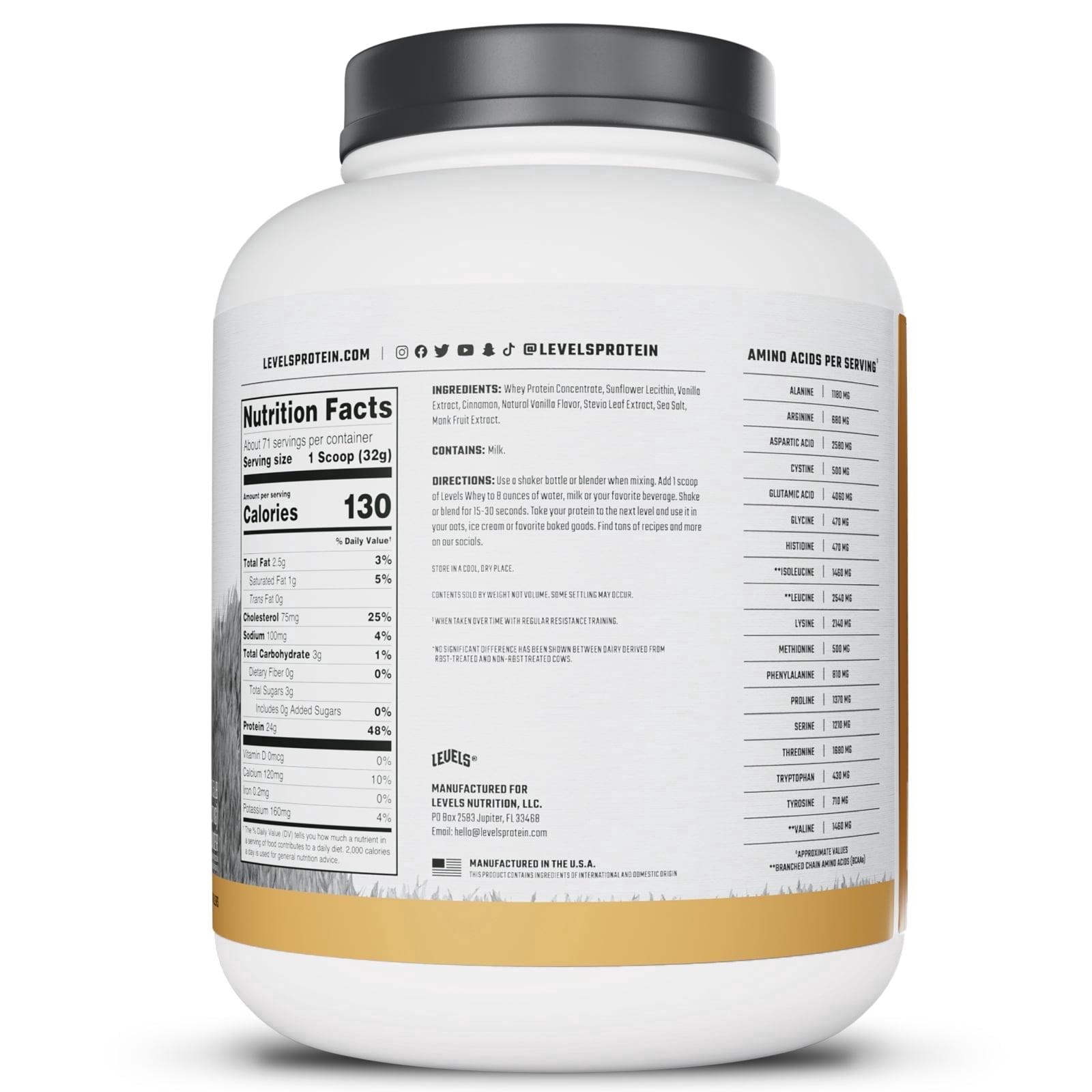 Levels Grass Fed Whey Protein Powder, No Artificials, 24G of Protein, Vanilla Cinnamon, 5LB