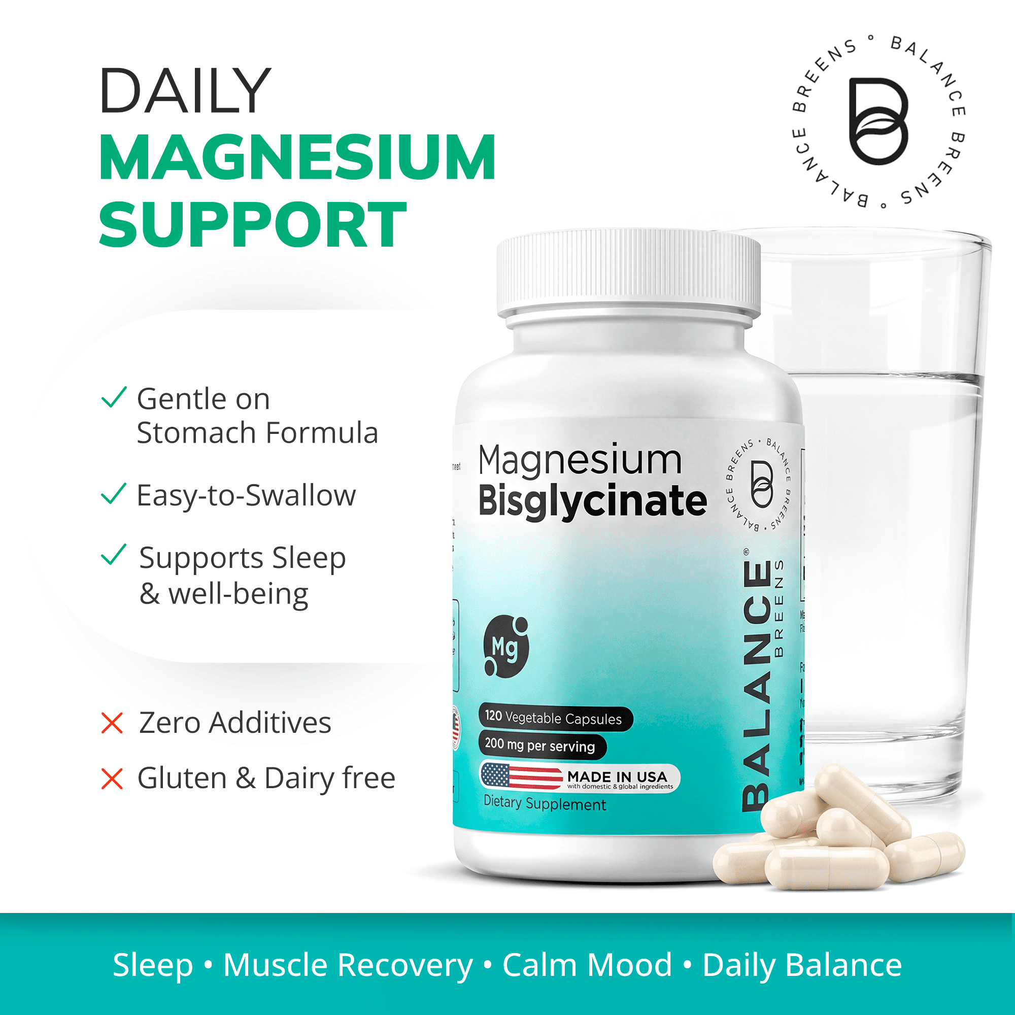 Balance Breens Magnesium Bisglycinate 200mg – Vegan, Non-GMO – Sleep & Muscle Support – 120 Capsules