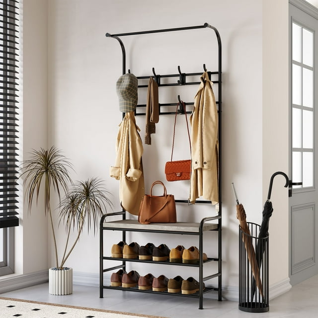 Cherish Coat Rack Shoe Bench with 3-Tier Storage Shelf and 8 Hooks, 3-in-1 Hall Tree Shoe Rack for Entryway, Grey