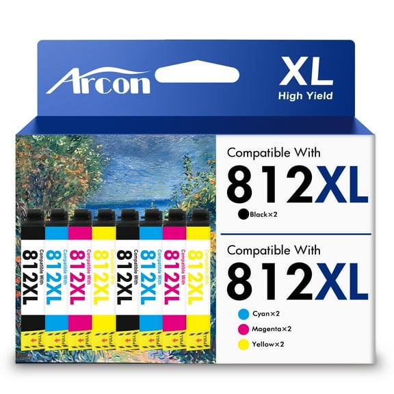 812XL Ink Cartridges 8 Pack Compatible for 812XL 812 Printer Ink T812 T812XL Combo Pack WorkForce Pro WF-7840 WF-7310 WF-7820 EC-C7000 (2 Black, 2 Cyan, 2 Magenta, 2 Yellow)
