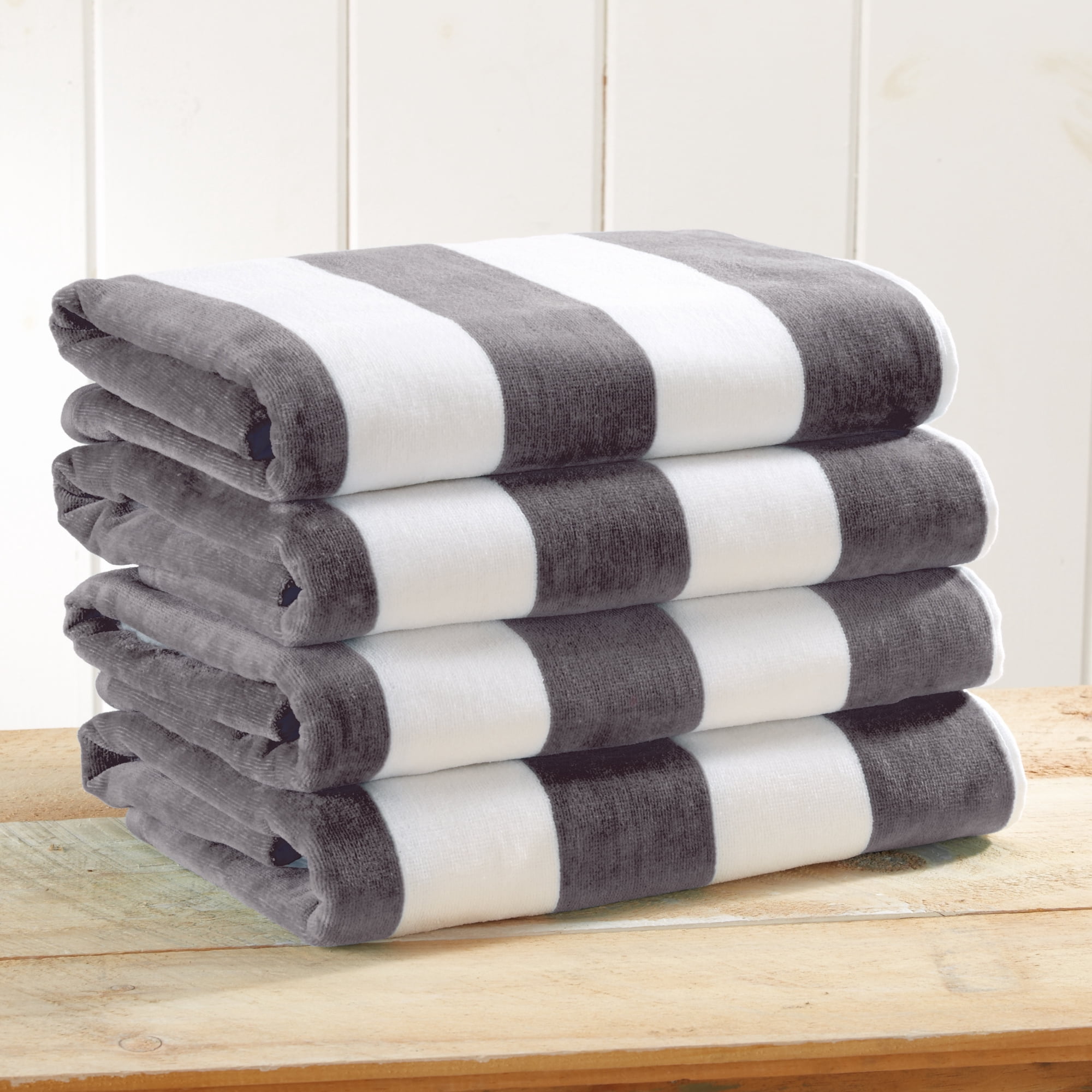 100% Cotton Cabana Striped Beach & Pool Towels (4 Pack - 30" x 60", Charcoal Grey)